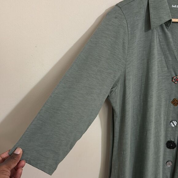 Soft Surroundings Green Novelty Button-Up Midi Shirt Dress size L Lagenlook Boho - Picture 3 of 10